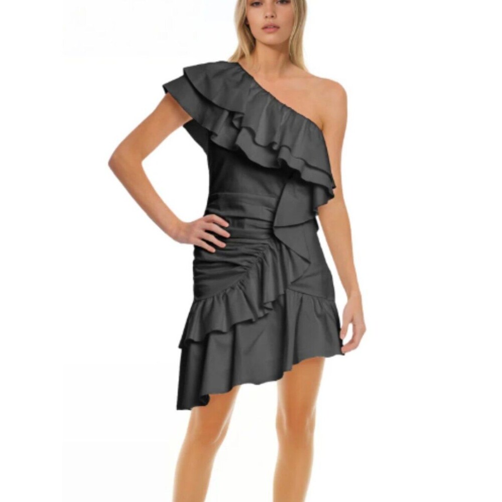 Jewel Badgley Mischka Florence Ruffle One Shoulder Black Dress Size 8